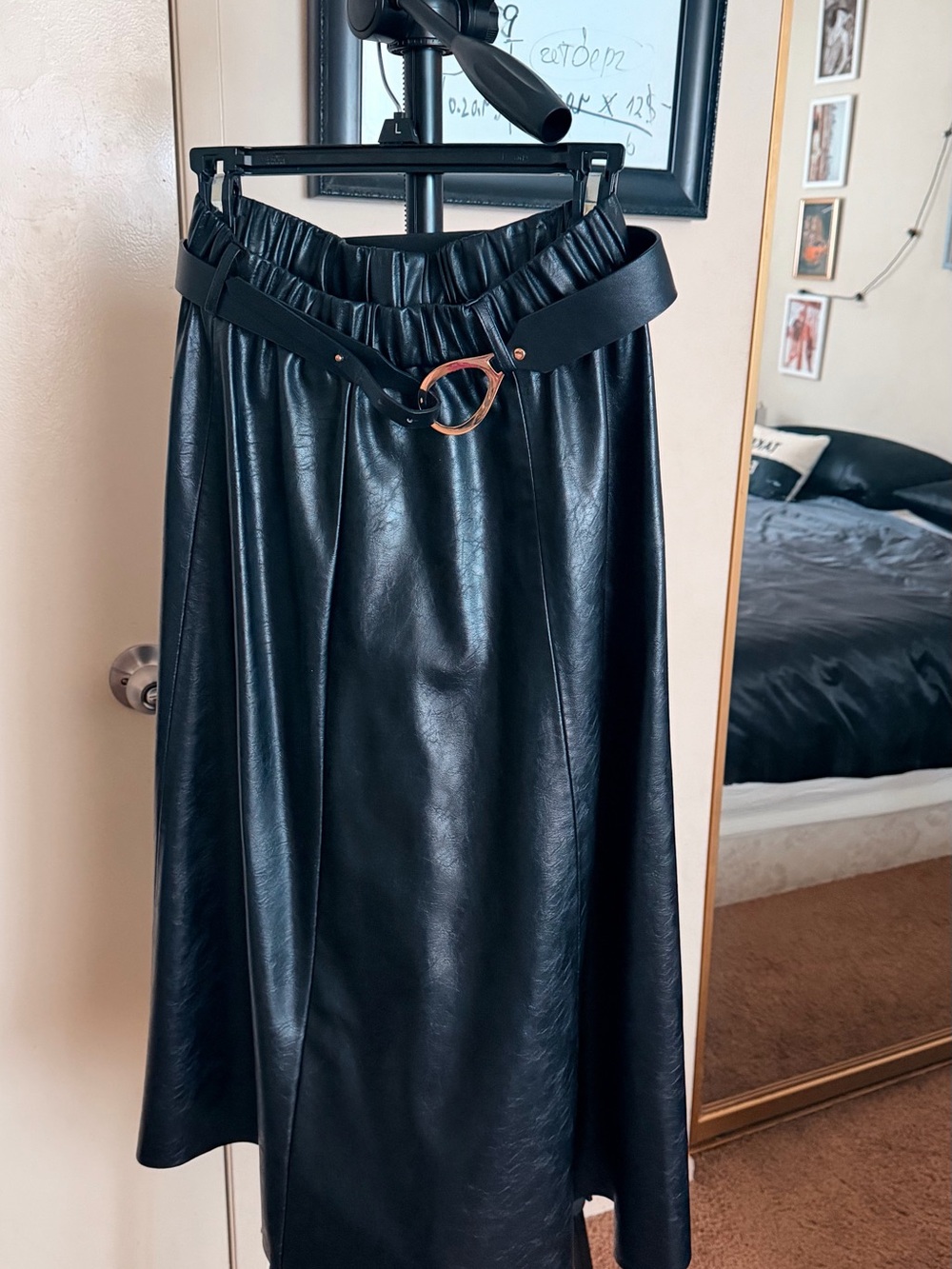 Zara Black Faux Leather Midi Skirt with Statement Belt